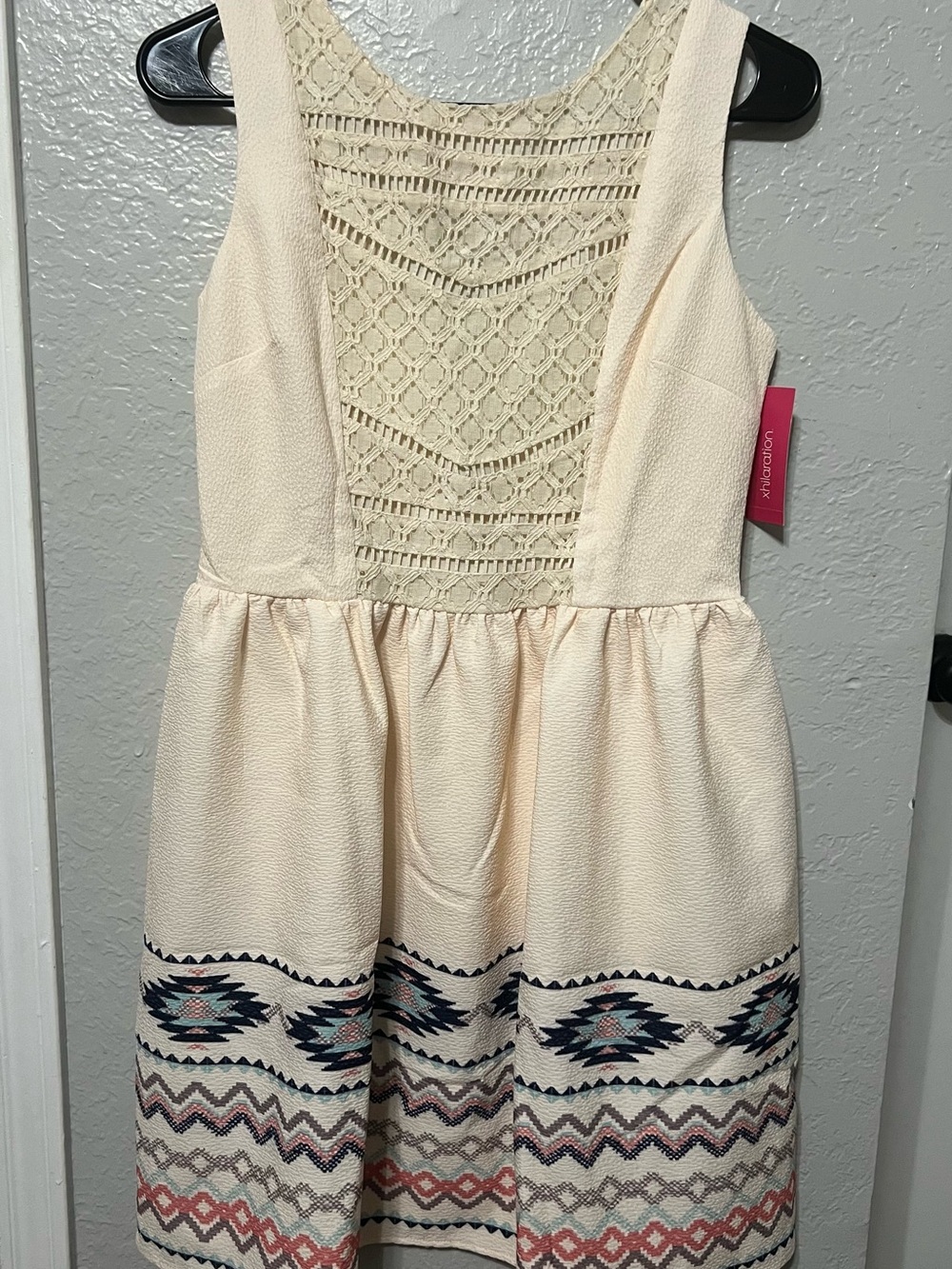 Xhilaration Cream Crochet Bodice Tribal Border Print Casual Dress